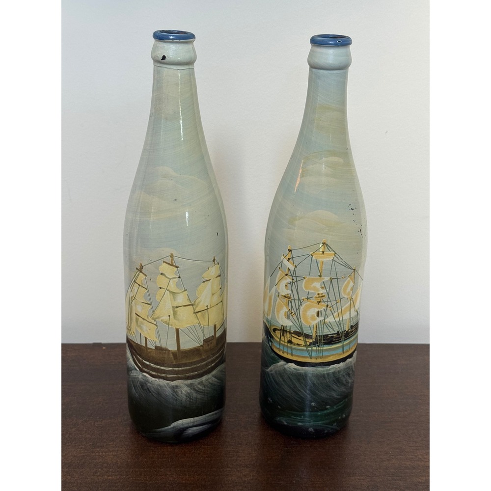 MayRich Company Hand Painted Nautical Sailing Ship Glass Bottle Nautical Set 2